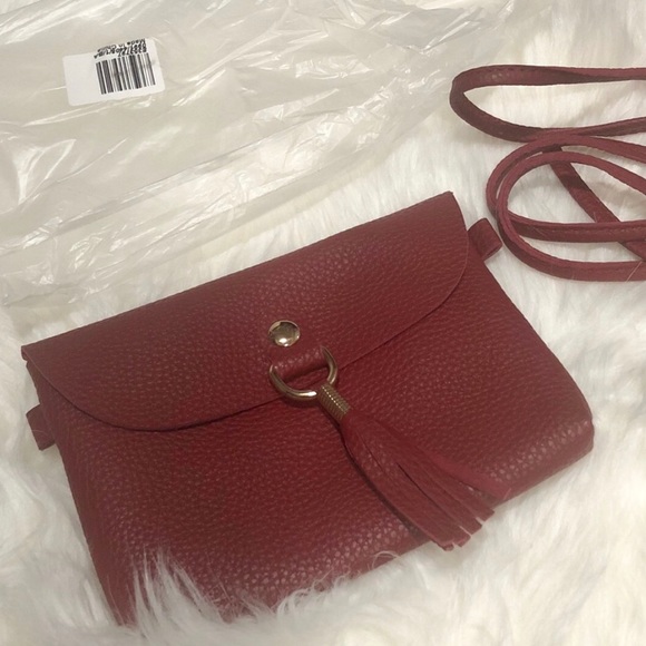 Wine Red Vegan Leather Cross Body Bag With Tassels - Picture 3 of 5